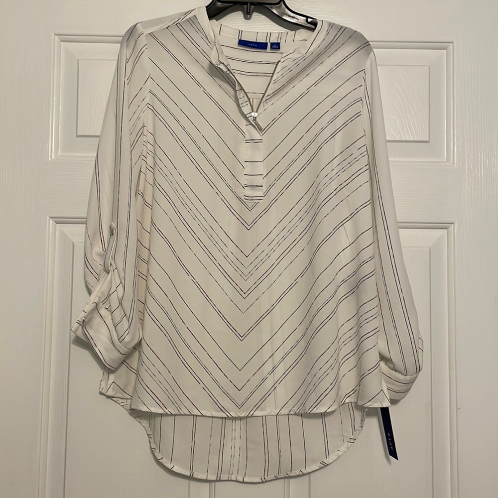 Tunic blouse, long sleeve - white with purple and black stripes.